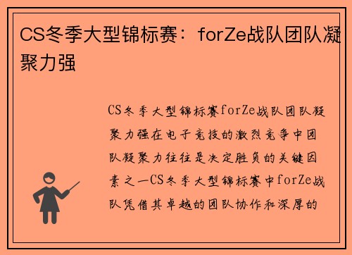CS冬季大型锦标赛：forZe战队团队凝聚力强
