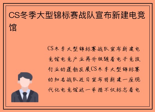 CS冬季大型锦标赛战队宣布新建电竞馆
