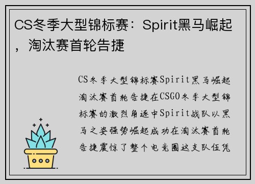 CS冬季大型锦标赛：Spirit黑马崛起，淘汰赛首轮告捷