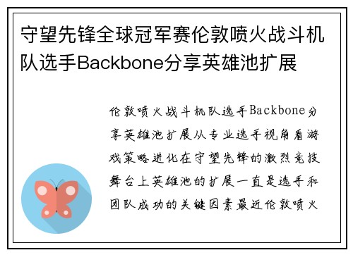 守望先锋全球冠军赛伦敦喷火战斗机队选手Backbone分享英雄池扩展