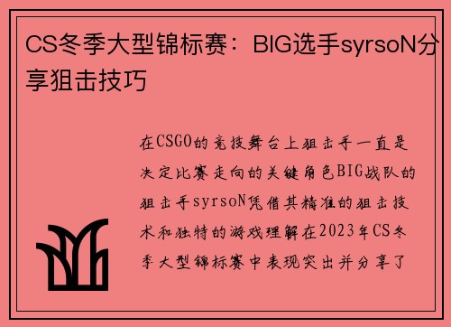 CS冬季大型锦标赛：BIG选手syrsoN分享狙击技巧